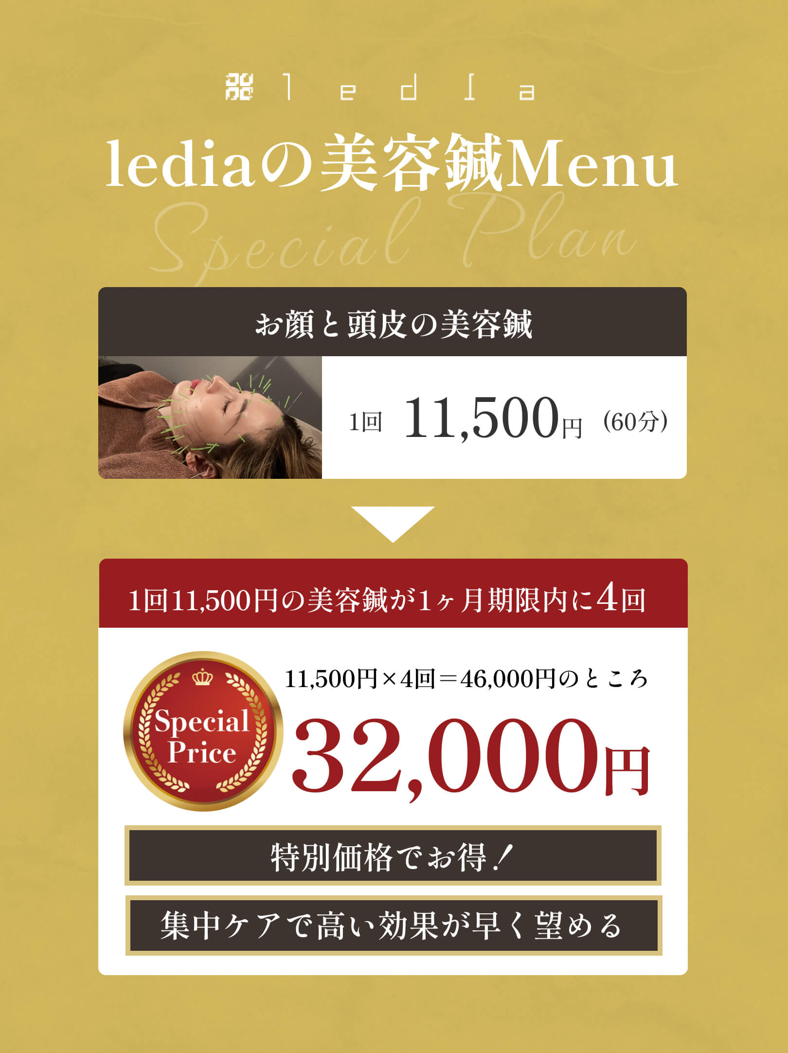 lediaの美容鍼Menu/お顔と頭皮の美容鍼1回11500円が1ヶ月以内に4回のスペシャル価格で27500円/集中ケアで高い効果が早く望める